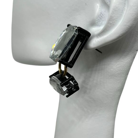 Vintage Crystal Rhinestone Drop Earring Black Setting Emerald Cut Navette - Picture 4 of 7